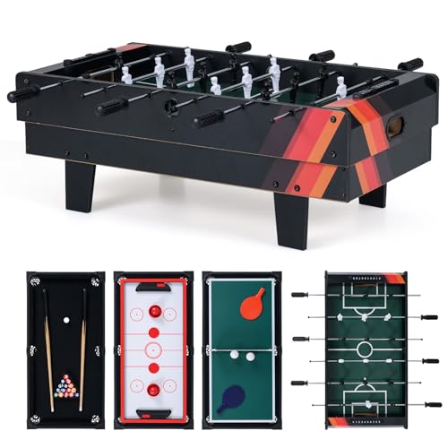 GYMAX 4 in 1 Multi Game Table, 32" Combo Game Table Set Includes Foosball, Pool Table, Hockey, Ping Pong Tabletops w/Accessories for Kids & Adults, Home, Game Room, Family Nights - color: Black