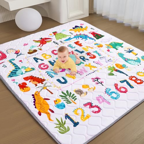Baby Play Mat - Thicken 71x59 Inch Soft Foam Crawling Mat for Playpen & Floor, Non-Slip Waterproof Playmats for Infants & Toddlers, Portable Foldable & Machine Washable, Dinosaur & Letters - size: 71" X 59"
