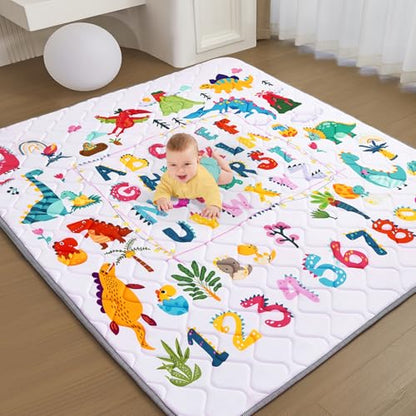 Baby Play Mat - Thicken 71x59 Inch Soft Foam Crawling Mat for Playpen & Floor, Non-Slip Waterproof Playmats for Infants & Toddlers, Portable Foldable & Machine Washable, Dinosaur & Letters - size: 71" X 59"