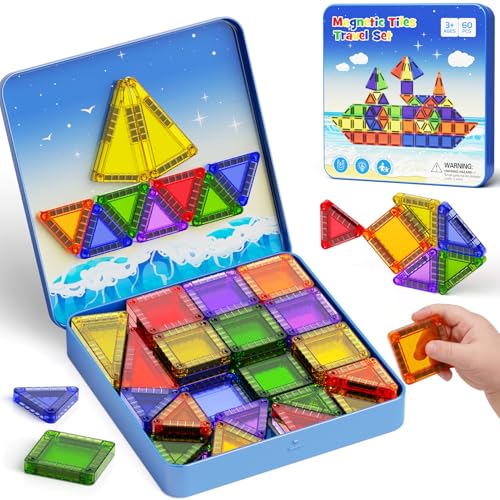 WMXDU 60 PCS Magnetic Tiles Travel Set for Kids, Portable Magnetic Building Blocks with Tin Box, Car Rides Airplane Road Trip Activities, Birthday Gift for Boys - style: 60pcs-Blue