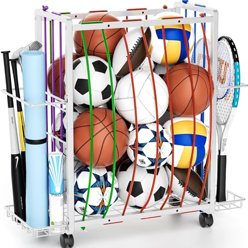 Rolling Sports Ball Storage Cart, Large Capacity Sports Equipment Organizer Garage Ball Organizer with Bat & Racket Holder, Heavy-Duty Sports Equipment Rack with Wheels for Garage Home & Gym (White) - color: Deep White