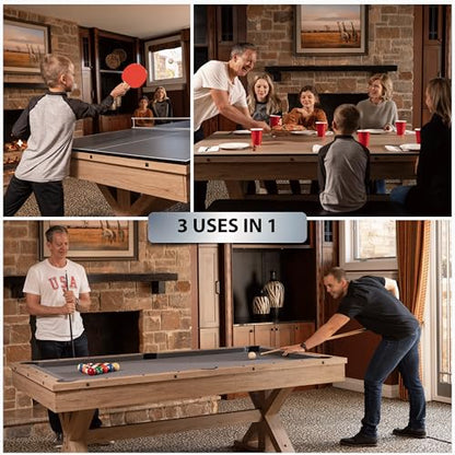 7' 3 in 1 Multi Game Pool Table with Dining Top Pool Ping Pong Table Combo with Dual Storage Bench Seating. Includes Billiards, Ping Pong Accessories. (Rustic Oak with Grey Felt)