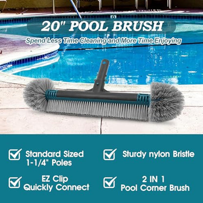 20'' Pool Brush Head, Detachable Pool Cleaning Brush with Durable Around Nylon Bristles, EZ Clip Aluminum Handle- Clean Swimming Pools Walls, Steps & Corners Faster - size: 20" Detachable Pool Brush