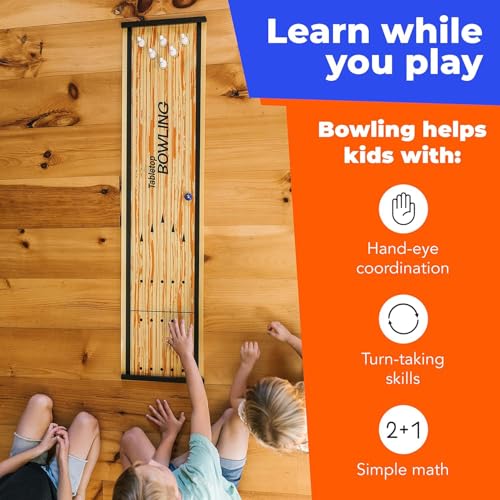 Bowling Game - Indoor Table Games for Whole Family, Kids and Adults - Portable Set w/Lane, 6 Pins, 2 Bowl Bearings - Play at Home Or Traveling