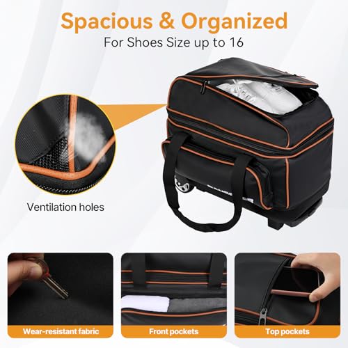 2 Ball Bowling Bag with Wheel,900D Oxford Waterproof PU,Dual Roller Bowling Bag with Sturdy Frame,Large Shoe Compartment Fits Up to Men’s 16,Rolling Bowling Tote, Handle Extends to 39.5" - color: Black