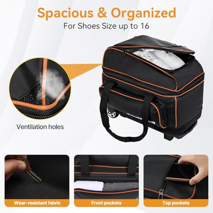 2 Ball Bowling Bag with Wheel,900D Oxford Waterproof PU,Dual Roller Bowling Bag with Sturdy Frame,Large Shoe Compartment Fits Up to Men’s 16,Rolling Bowling Tote, Handle Extends to 39.5" - color: Black