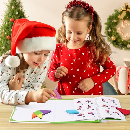 Vanmor Travel Tangram Puzzle with 2 Sets Magnetic Plate-Montessori Shape Pattern Blocks Jigsaw Road Trip Games with 368 Solution - IQ Book Educational Toy Brain Teaser Gift for Kids Adults Challenge - style: 368 Solution