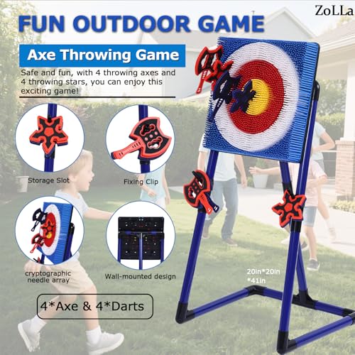 ZoLLa Axe Throwing Game for Backyard Fun,Safe Bristle Target with 4 Throwing Axes & 4 Throwing Stars,Yard & Outdoor Games for Kids and Family (Blue) - color: Blue