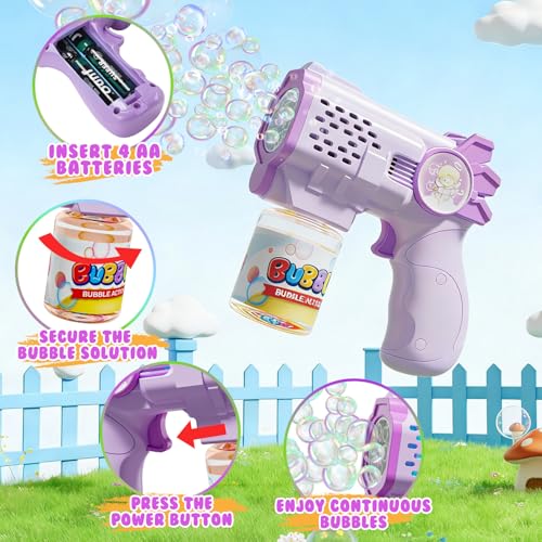 EagleStone Bubble Guns Bubble Machine for Toddlers, 10,000 Bubbles/Min Automatic Bubble Blower with Lights, 4 Pre-Filled Solutions, Light Up Bubble Blaster Outdoor Easter Birthday Gifts for Boys Girls - color: Green,purple
