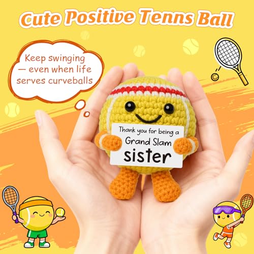 Mini Positive Crochet Tennis Ball Gifts for Women Men - Handmade Crochet Tennis Ball, Motivational Encouragement Christmas White Elephant Gift for Tennis Balls Lover Coworker Friend Coach - style: Sister