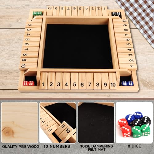 GSE Games & Sports Expert 1-4 Player Wooden Shut The Box Dice Board Game with 8 Dice. 4-Way 10 Numbered Shut The Box Set of Popular English Pub Board Game - Natural Wood - color: Natural Wood