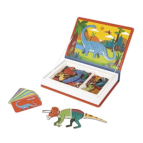 Janod - Magnetibook 51 pc Magnetic Dinosaur Mix and Match Game - Ages 3+ - Playing Dress-Up with Magnets - Enhances Fine Motor Skills - Includes Book Shaped Travel/Storage Case