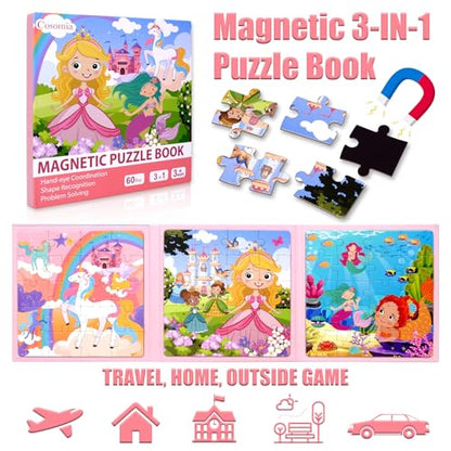 Magnetic Puzzles for Kids 3-5, 3-in-1 Princess Unicorn Mermaid Travel Puzzles for Kids Ages 4-6, Car Airplane Road Trip Activities Toys, Gifts for Girls