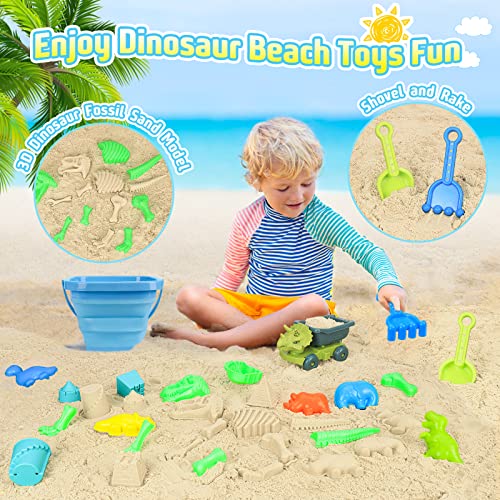 Beach Sand Toys, Sandbox Toys with Dinosaur Dump Truck, Collapsible Bucket, Creative Molds, Mesh Bag, Sand Castle Play Set for Kids Ages 3-12, Outdoor Summer Beach Essentials for Building & Playing
