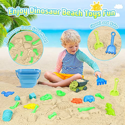 Beach Sand Toys, Sandbox Toys with Dinosaur Dump Truck, Collapsible Bucket, Creative Molds, Mesh Bag, Sand Castle Play Set for Kids Ages 3-12, Outdoor Summer Beach Essentials for Building & Playing