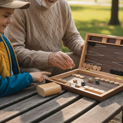 Plusvivo 13" Wooden Backgammon Set - Premium Beech Wood Foldable Board Game for Adults and Kids - Portable Strategy Game with 30 Magnetic Pieces and 2 Wooden Dice Shakers