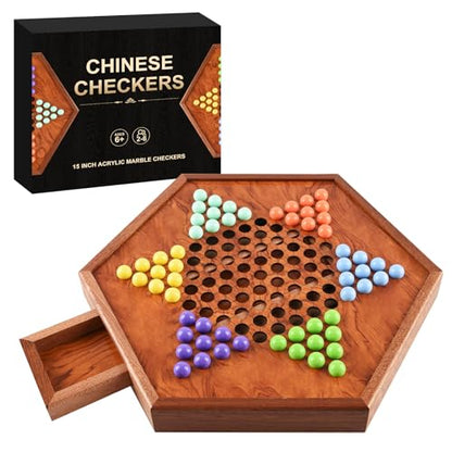 15" Large Upgraded Wooden Chinese Checkers Board Game, 16mm 60+12 Colorful Marbles, Easy Grasp, Storage Drawer, Perfect for Family Gathering