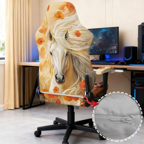 Horse Flower Print Gaming Chair Covers Slipcovers 4Pcs with Armrest Cover Dust-Proof Skin Friendly Gamer Desk Chair Covers Fits Most Office/PC Chairs & Racing Style Seats - color: Orange - Horse Flower