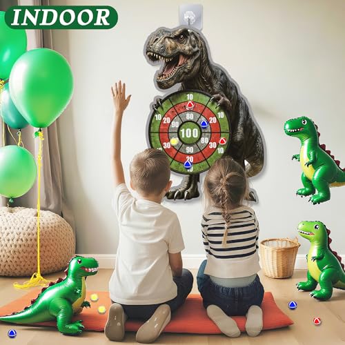 Dinosaur Themed Toss Game Banner with 12 Sticky Balls, 30” Large Dino Dart Board Game for Indoor Outdoor Games Dinosaur Birthday Party Supplies