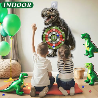Dinosaur Themed Toss Game Banner with 12 Sticky Balls, 30” Large Dino Dart Board Game for Indoor Outdoor Games Dinosaur Birthday Party Supplies