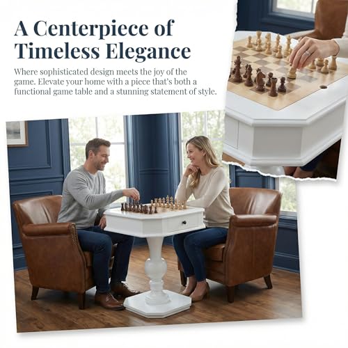 Chess Table, Reversible Chess Checker Game Table with 2 Drawers for Family Entertainment Room, 3-in-1 Square Game Tray for Chess Checker Backgammon, White - size: 28''-Chess Table White