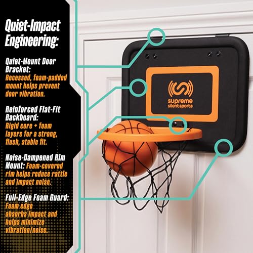 Supreme Silent Sports Basketball Hoop & Quiet Mini Ball | Indoor Premium Over the Door Hoop, Noise Dampening Rim & Soft Backboard with Net, Kids Toys & Games, Gift for Teen Boys & Girls, 6+ Year Olds