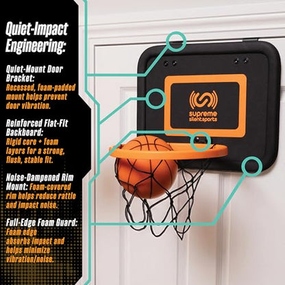 Supreme Silent Sports Basketball Hoop & Quiet Mini Ball | Indoor Premium Over the Door Hoop, Noise Dampening Rim & Soft Backboard with Net, Kids Toys & Games, Gift for Teen Boys & Girls, 6+ Year Olds