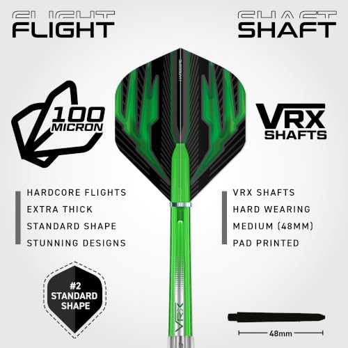 Red Dragon Darts Flight & Shaft Combo Green - 4 Sets of Standard Flights and 4 Sets of Medium VRX Shafts Per Pack