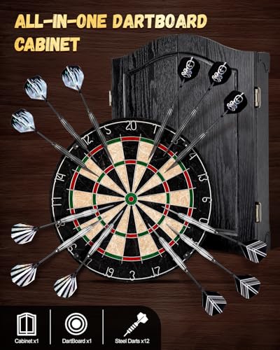 Sisal Dart Board Cabinet Sets, Decorative Dart Boards for Adults [6*Steel Darts] - Wooden Dartboard Cabinet with Integrated Scoreboard for Family Game Rooms - style: BLACK