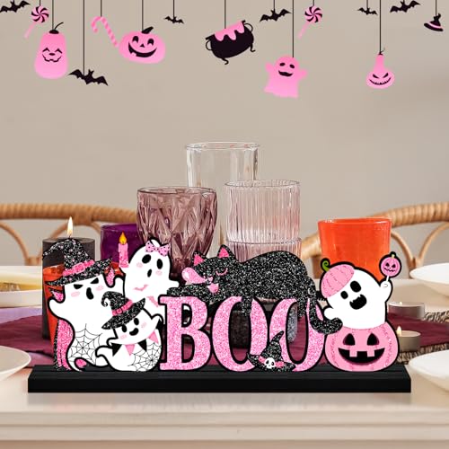 Halloween Decorations for Home Pink Ghosts Metal Sign, Cute Ghosts Black Cat Table Decor Rustic Farmhouse Halloween Tiered Tray Decor Metal Word Sign Tabletop Centerpiece for Home Mantel Shelf Desk - style: Pink Ghosts