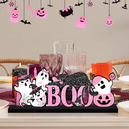 Halloween Decorations for Home Pink Ghosts Metal Sign, Cute Ghosts Black Cat Table Decor Rustic Farmhouse Halloween Tiered Tray Decor Metal Word Sign Tabletop Centerpiece for Home Mantel Shelf Desk - style: Pink Ghosts
