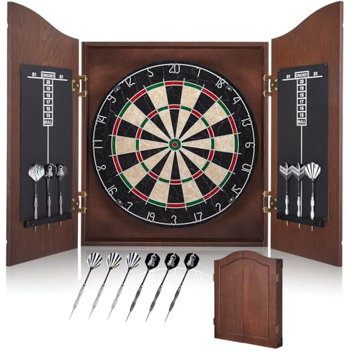Sisal Dart Board Cabinet Sets, Decorative Dart Boards for Adults [6*Steel Darts] - Wooden Dartboard Cabinet with Integrated Scoreboard for Family Game Rooms - style: CHOCOLATE
