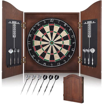Sisal Dart Board Cabinet Sets, Decorative Dart Boards for Adults [6*Steel Darts] - Wooden Dartboard Cabinet with Integrated Scoreboard for Family Game Rooms - style: CHOCOLATE