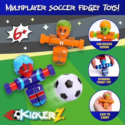 Power Your Fun KickerZ Soccer Fidgets Game Set- 8pc Tabletop Soccer Mini Fidget Toys with 4 Players, 2 Goals, 2 Balls, Foosball Spinner Fidget for Kids Teens Adults Sensory Toy Multiplayer Travel Game