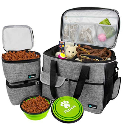 PetAmi Dog Travel Bag Organizer, Pet Travel Kit with 2 Food Containers & 2 Collapsible Dog Bowls, Pet Supplies Tote with Luggage Sleeve, Weekend Road Trip Camping Essentials, Gray, Large - color: Grey, size: Large - 15.5"L x 9.5"W x 14.0"H