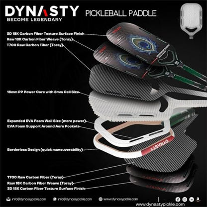 Dynasty Heavyweight/Feather T700 Triple-Layer Raw Carbon Fiber + Friction Surface 16mm Aero *Gen 3.5 All-Court Power Pickleball Paddle* / Hall of Famer 18K *Control+Spin* - color: Featherweight 3D 18K Peacock