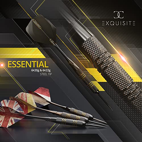 CC-Exquisite Darts Set | Professional 12 X 20/22g Metal Tip Darts | Steel Tip Darts with 24 Flights & 18 Aluminum shafts + Dart Tool, Rubber O-Rings - color: Gold & Black