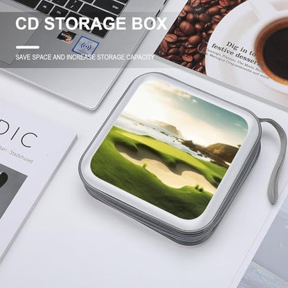 Beach Golf Course Plastic CD Case, 40 Capacity DVD Case Portable Zipper Holder with Handle, CD Storage Box for Car Home Office Travel