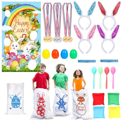 Atonofun Easter Outdoor Party Games for Kids, Potato Sack Race Jumping Bags, Bunny Ears Headbands, Egg and Spoon Race, Legged Relay Race Bands for Easter Theme Party Favor, Easter Eggs Hunt Game
