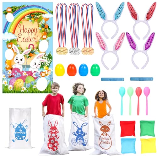 Atonofun Easter Outdoor Party Games for Kids, Potato Sack Race Jumping Bags, Bunny Ears Headbands, Egg and Spoon Race, Legged Relay Race Bands for Easter Theme Party Favor, Easter Eggs Hunt Game