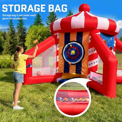 OZIS 5-in-1 Inflatable Carnival Game with Blower, Portable Basketball Hoop, Axe Throw, Soccer Target, Ring Toss, Tic-Tac-Toe for Backyard and Party, White & Red