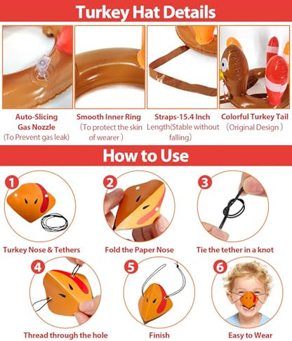 3 Pack Thanksgiving Ring Toss Games Toys for Kids Thanksgiving Inflatable Turkey Hat Toss Games Thanksgiving Family School Party Favors Supplies Indoor Outdoor Party Game(3 Turkey Hats, 12 Rings)