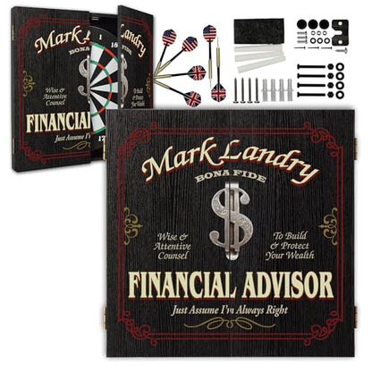 THOUSAND OAKS BARREL Personalized Financial Advisor Dart Board Cabinet Set - Imprinted Dart Board Cabinet for Office - Scoreboard, 6 Steel Tip Darts, Chalk, and Eraser (21.5" x 21" x 2.125") - style: Financial Advisor Dartboard & Cabinet Set