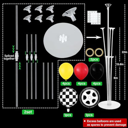 Race Car Party Balloons Stand Kit 2 Sets With 2 Checkered Foil Balloon Racing car Party Balloon Red Black Yellow Race Car Birthday Party Decor Set For Boys Let's go Racing New Year Party Decorations - style: Race Car