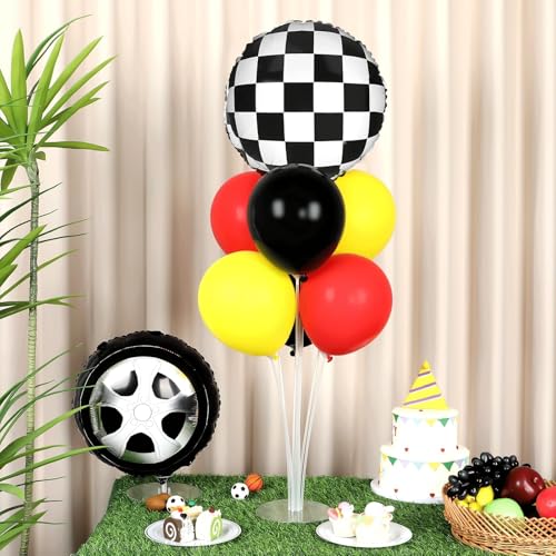 Race Car Party Balloons Stand Kit 2 Sets With 2 Checkered Foil Balloon Racing car Party Balloon Red Black Yellow Race Car Birthday Party Decor Set For Boys Let's go Racing New Year Party Decorations - style: Race Car