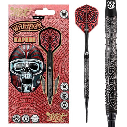Shot! Darts Soft Tip, Warrior Kapene (18g/20g), 90% Tungsten Barrels, Center Balanced for Maximum Aerodynamics Handcrafted Professional Dart Set and Flights Made in New Zealand, Plastic Tip Bar Darts