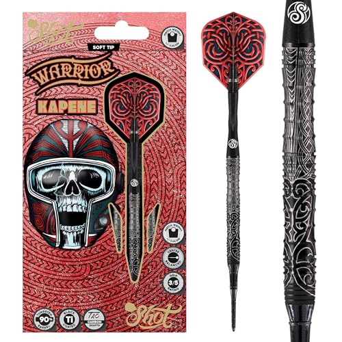 Shot! Darts Soft Tip, Warrior Kapene (18g/20g), 90% Tungsten Barrels, Center Balanced for Maximum Aerodynamics Handcrafted Professional Dart Set and Flights Made in New Zealand, Plastic Tip Bar Darts