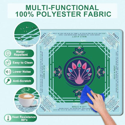 LZSIG Green Peacock Mahjong for Table with Printed Rules, 33×33 Inches | Anti-Slip, Waterproof, Noise-Reducing Table Cover for American Mahjong, Poker, Board Games , Dominoes, and Card Games - color: Cyan-1