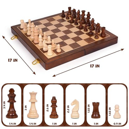 Large 17” Wooden Chess Set for Adults and Kids– Large Solid Folding Wood Chess Board with Hand-Carved Pieces, 3.25” King, 2 Extra Queens, Family Classic Strategy Board Game