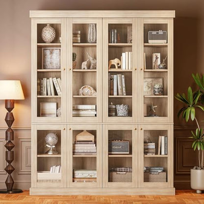 Vyre 70.8" Tall Brown Bookshelf with Glass Doors, Farmhouse Modular Bookcase with 6-Tier Adjustable Shelves, Large Storage Cabinet for Home Office, Living Room, Set of 2 - color: Brown